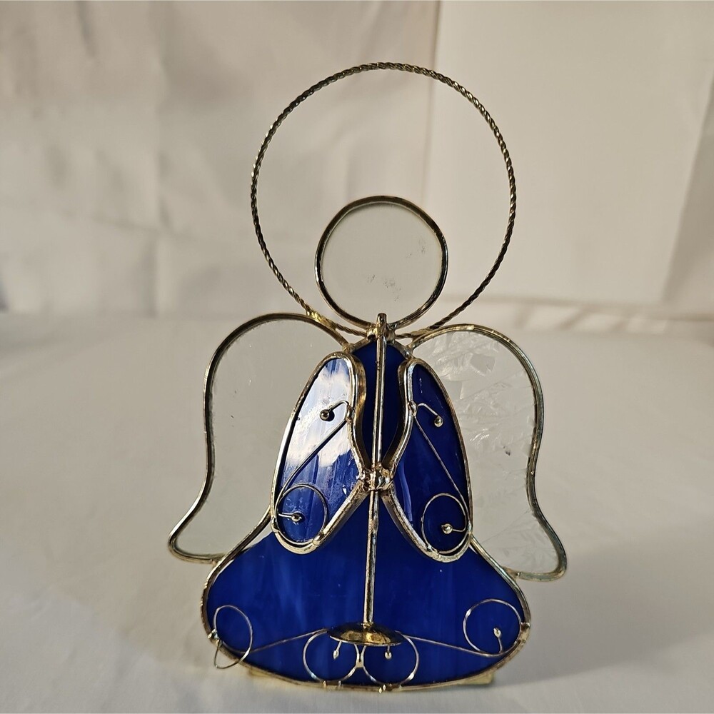 Blue Stained Slag Glass Angel With Trumpet Horn Votive Tealight Candle Holder